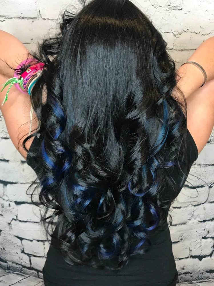 Long Jet Black Hair with Strips of Blue