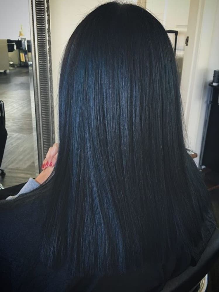 Straight Black Hair with Subtle Blue Highlights