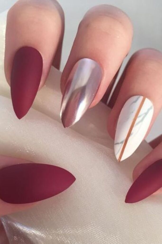 Berry Red Stiletto Marble Nails