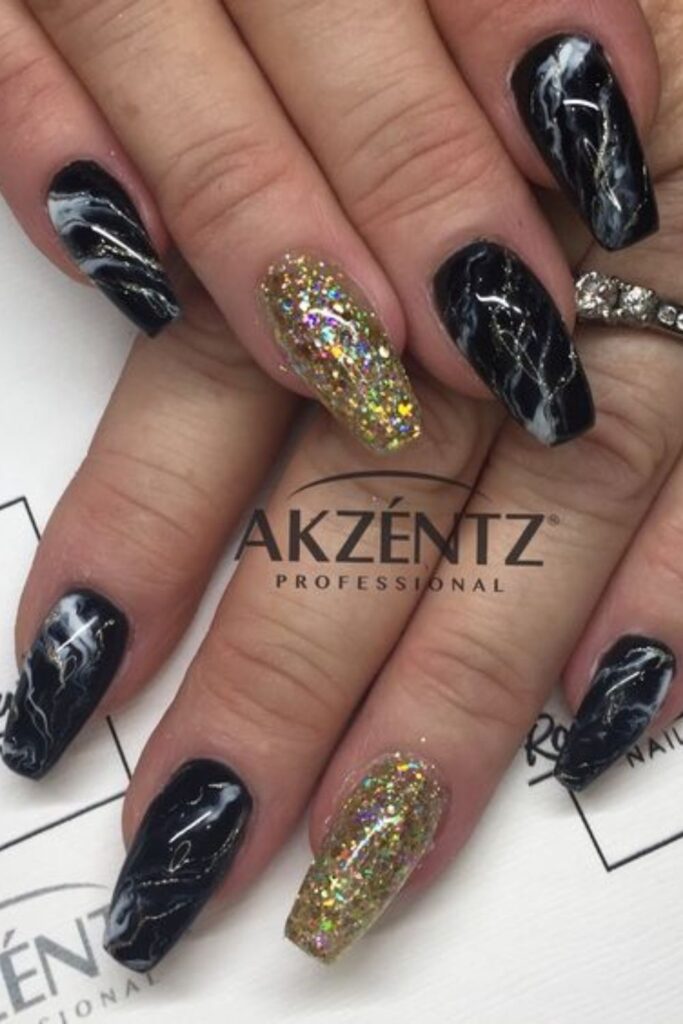 Black Marble Nails With Gold Accent