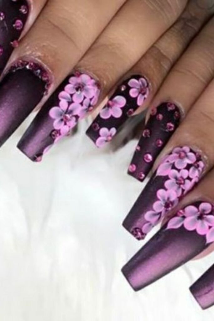 Glam Purple 3D Floral Nails