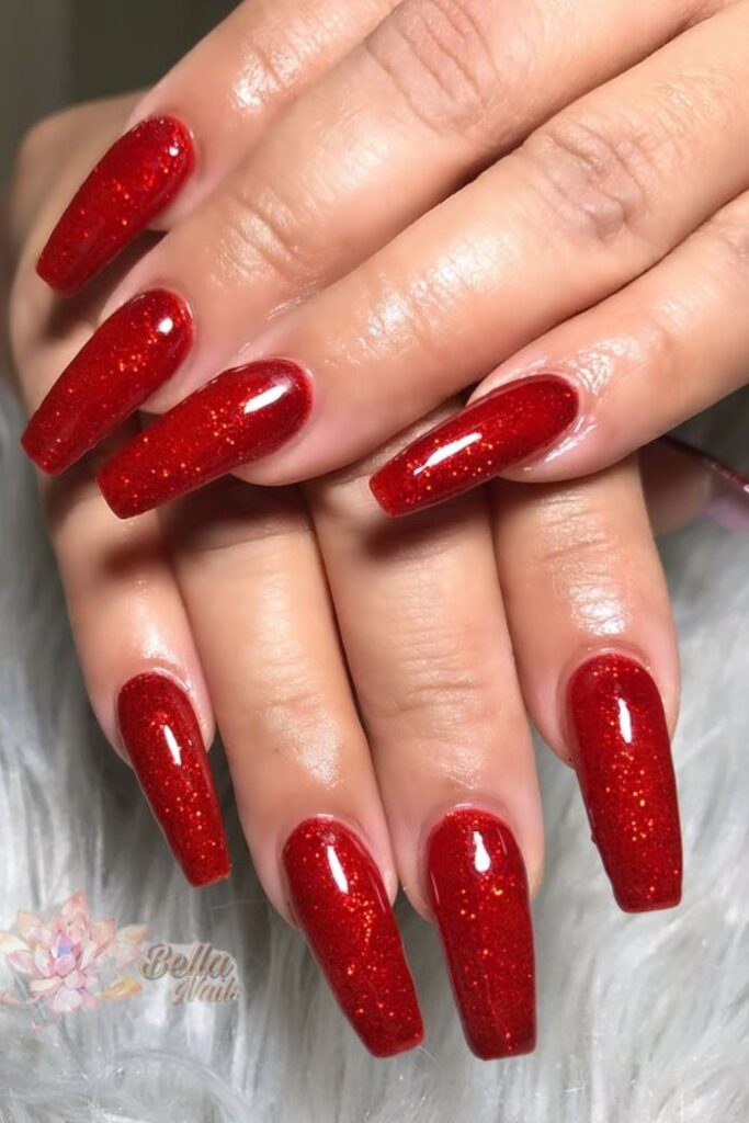 Glittery Coffin Red Nails