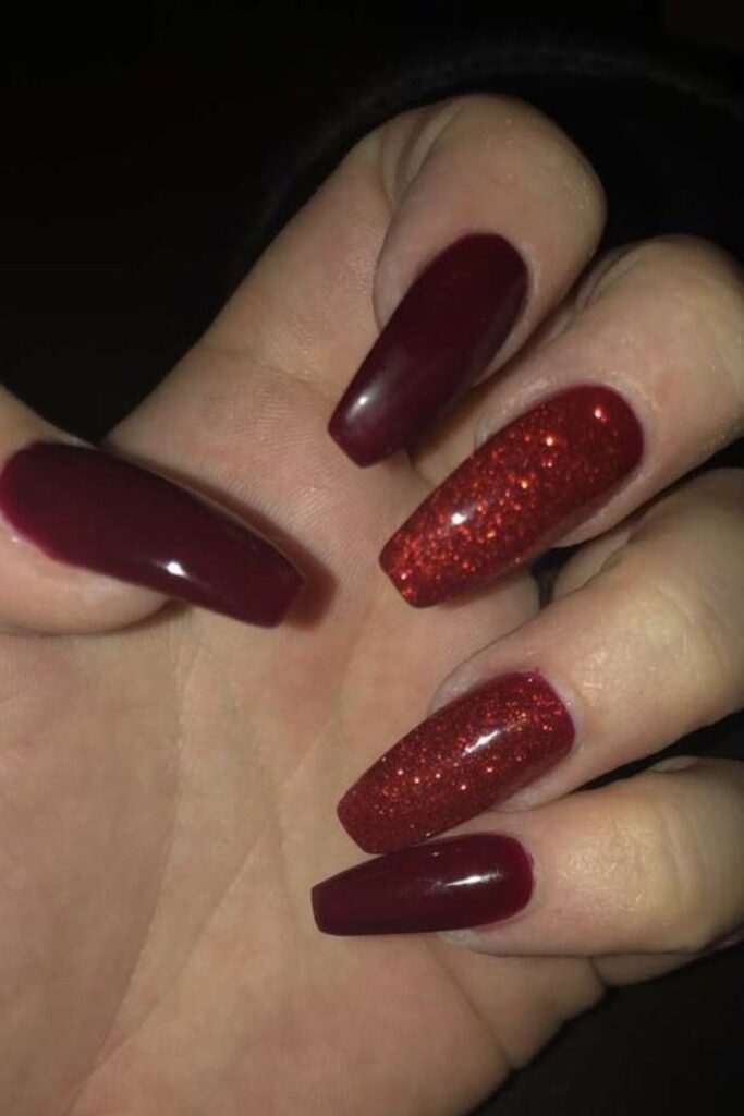 Glittery Red Nails With Burgundy