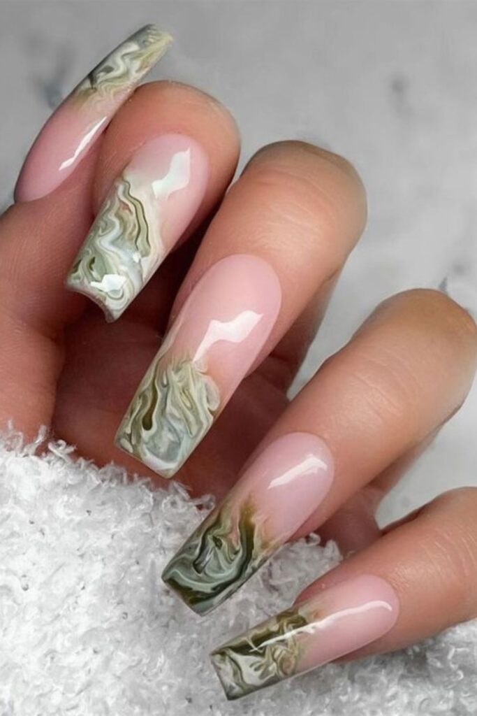 Green Marble Tip Nails