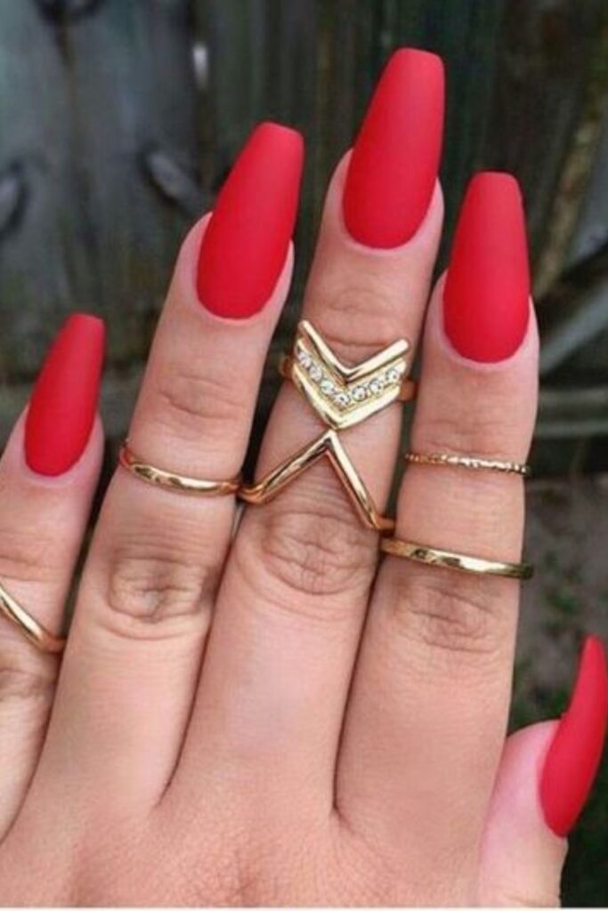 Matte Coffin Red Nails