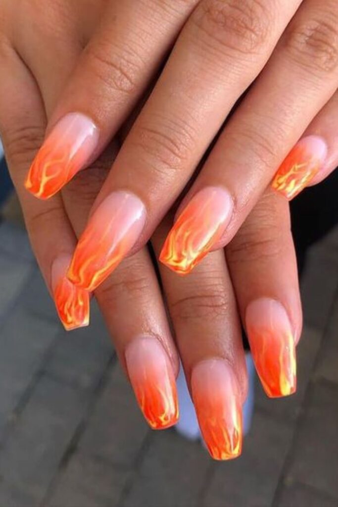 Orange Ombre Nails With Flame Art