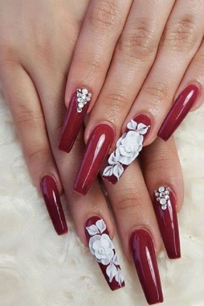 Red Coffin Nails With Flowers