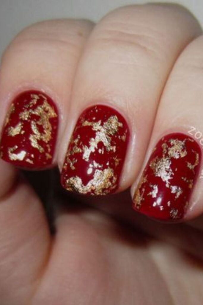 Short Red Coffin Nails With Gold Leaf