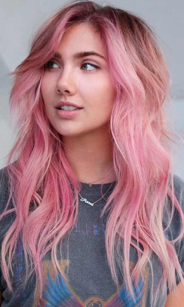 Pink Shaggy Haircut For Round Face