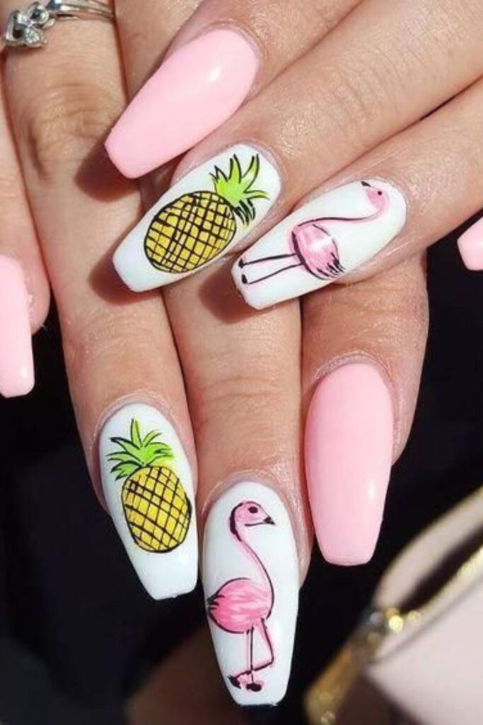 Flamingo And Pineapple Nails
