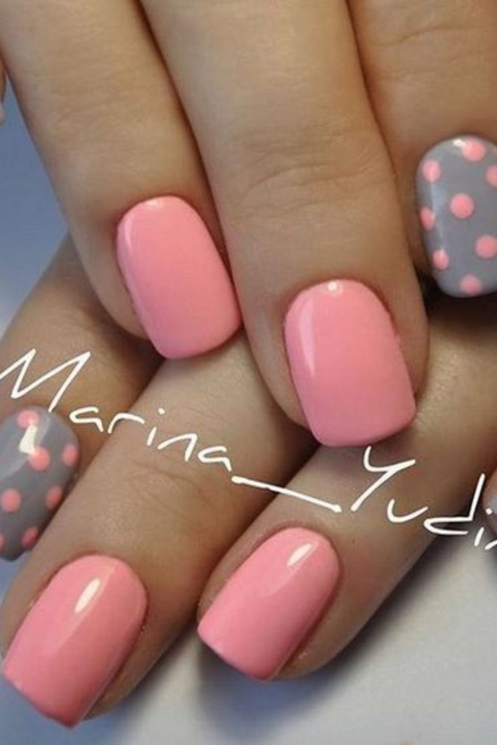 17 Pretty Polka Dot Nail Designs You Must Try In 2024   Grey Pink Polka Dot Nail Art 