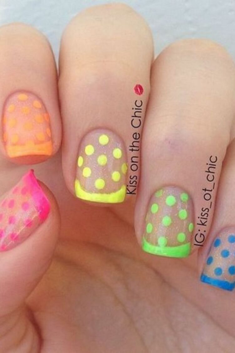 17 Pretty Polka Dot Nail Designs You Must Try In 2024   Neon Polka Dots Over Clear Glitter 750x1125 