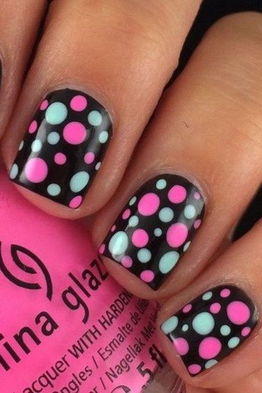 17 Pretty Polka Dot Nail Designs You Must Try In 2024   Pink Mint Polka Dots On Black Nails 