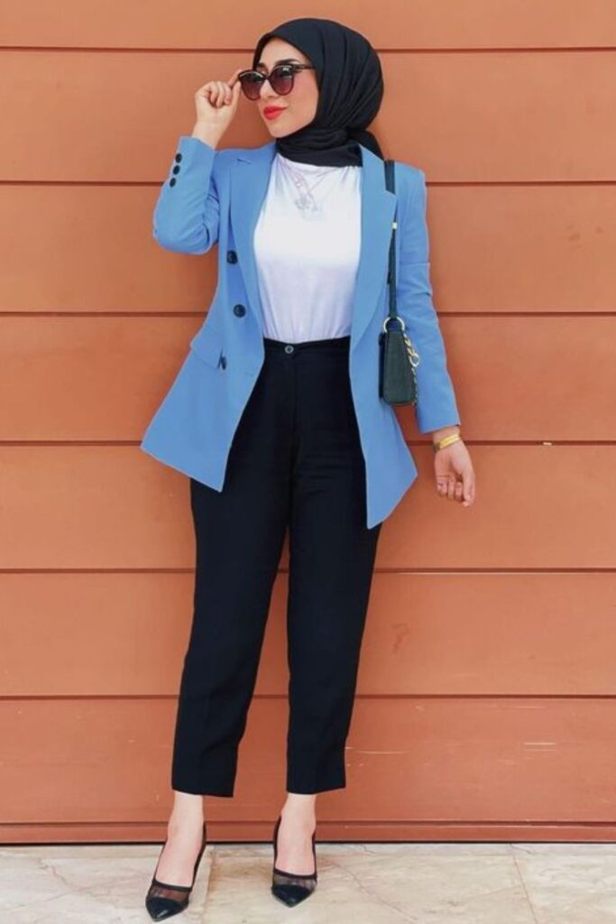 Black Outfit Hijab With Blue Blazer And Black Pants