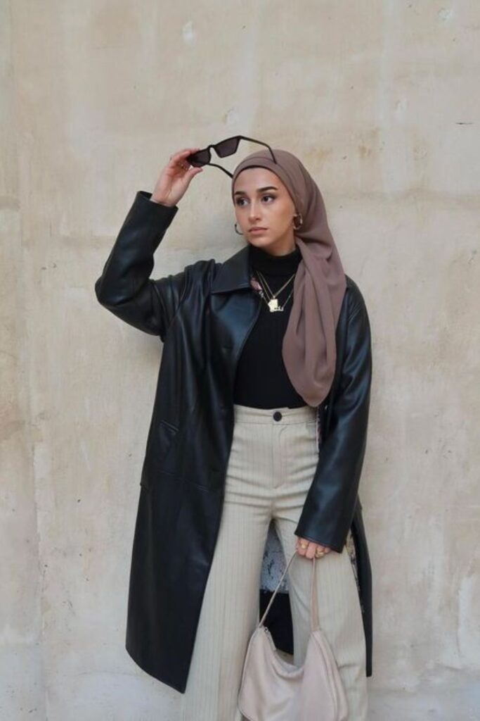 Classy Hijab With Long Leather Jacket