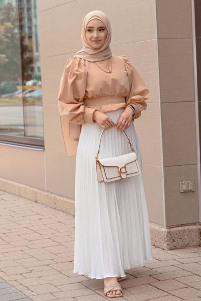 Light Hijab With Puffy Sleeves Shirt And White Skirt