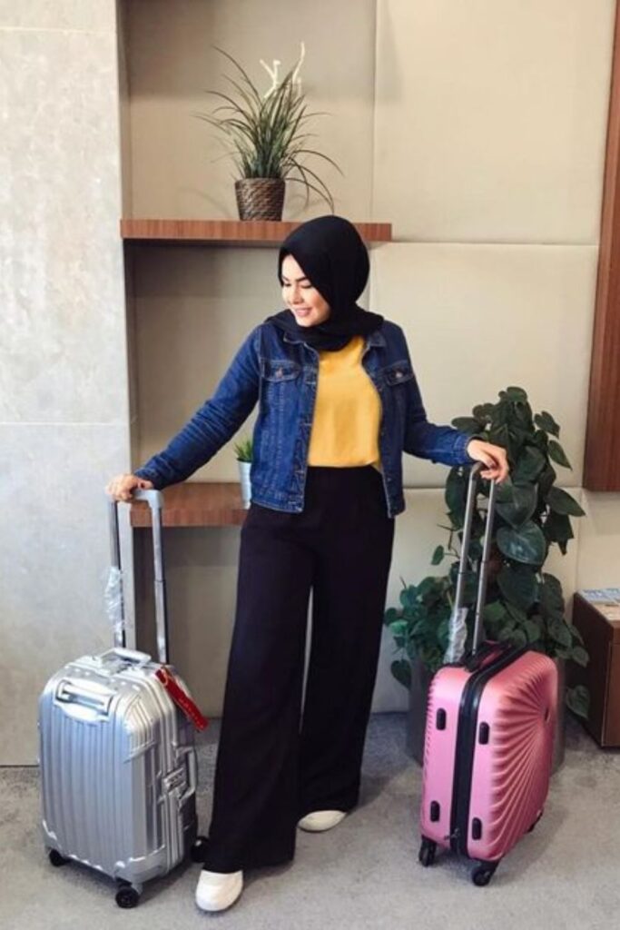 Modern Hijab With Denim Jacket And Black Pants