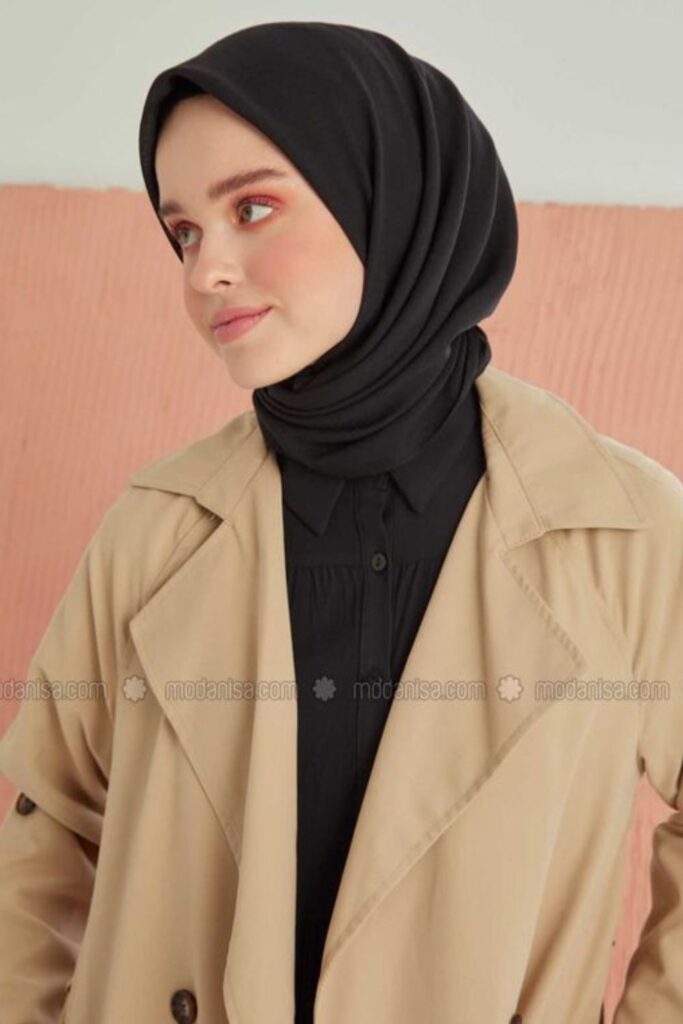 Plain Black Hijab With Beige Cardigan