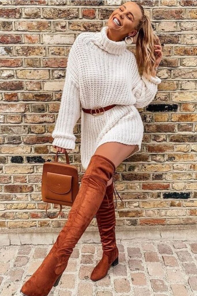 Turtleneck Sweater Dress & Thigh-High Boots