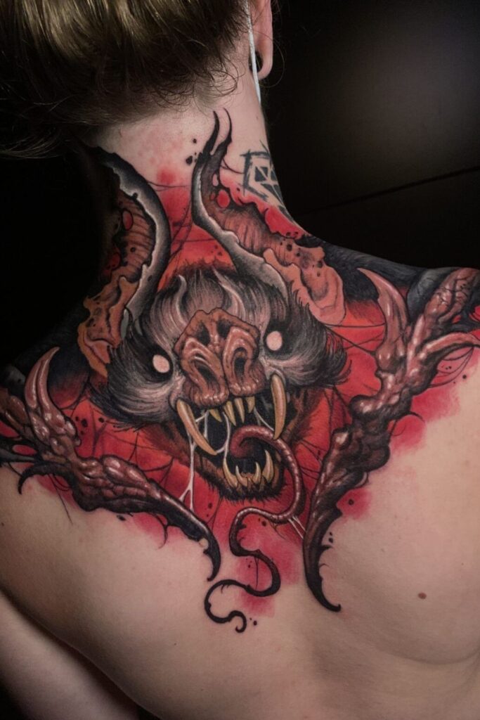 Horror Bat Neck Tattoo