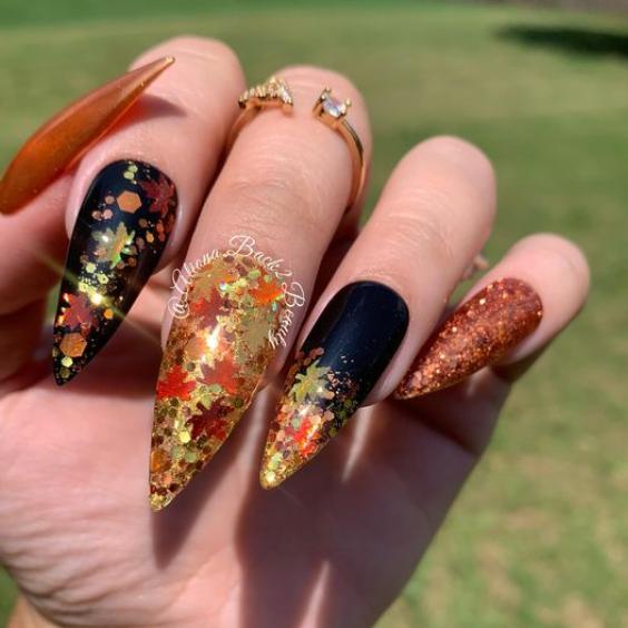 Elegant Fall Leaves Stiletto Nails