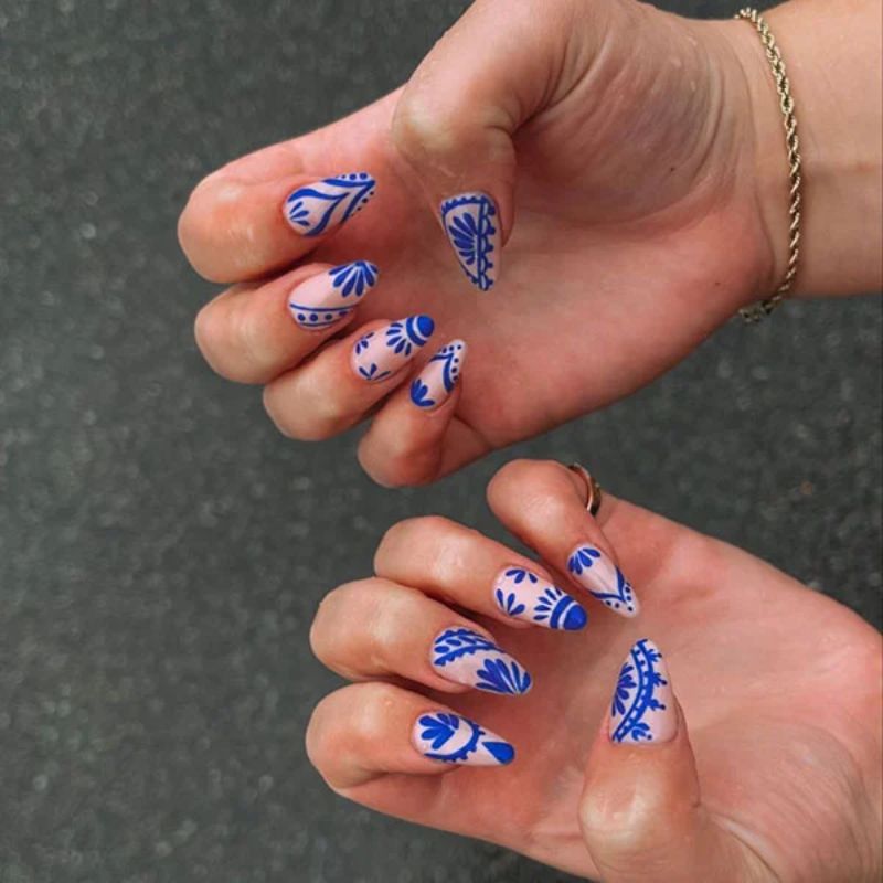 Blue Folk Art Nails