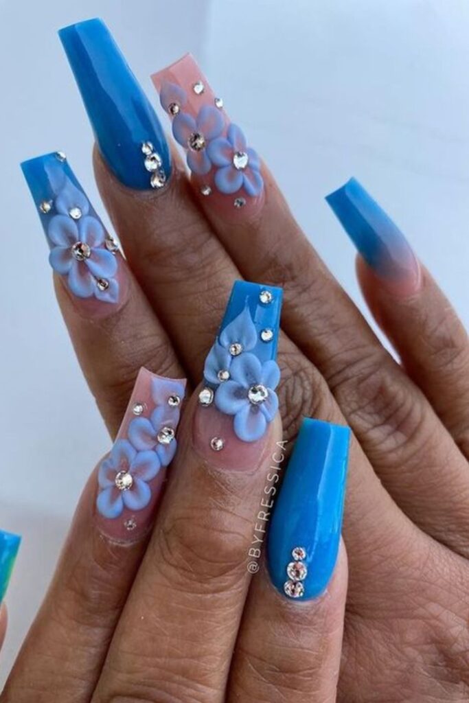 Blue Nails With 3D Flowers