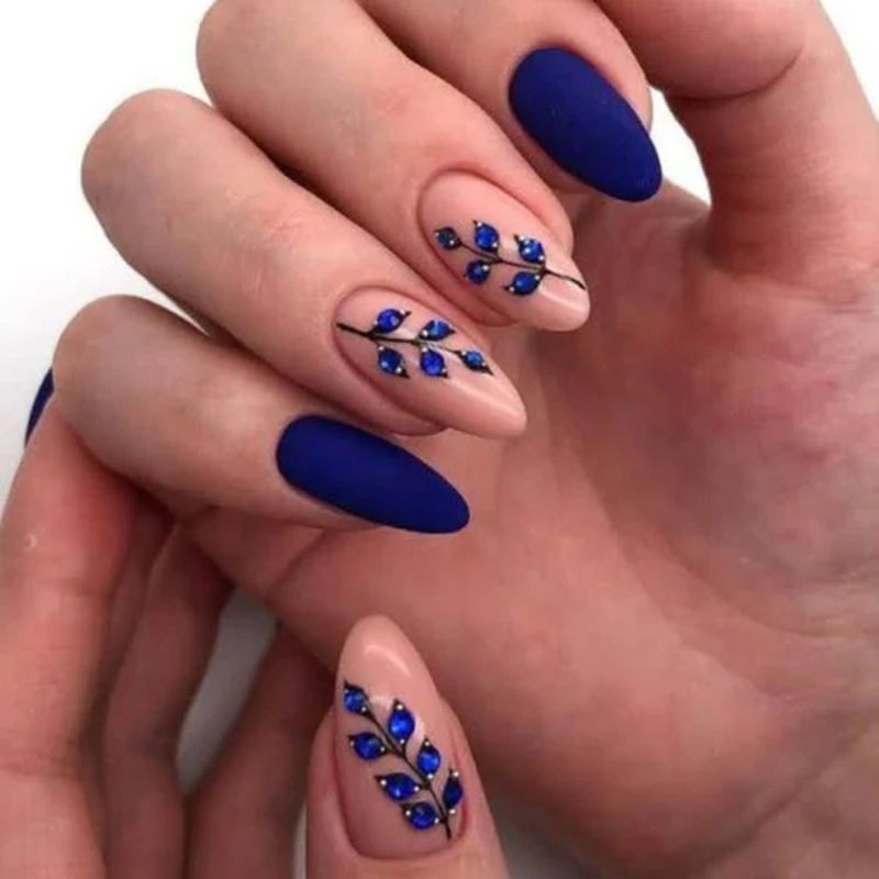 Chic Matte Navy Nails With Intricate Artwork