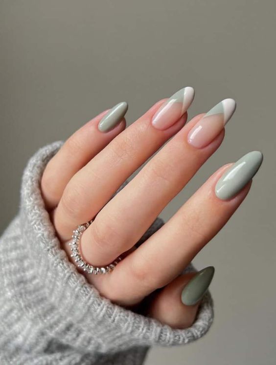 Criss Cross Sage Green Almond Nails