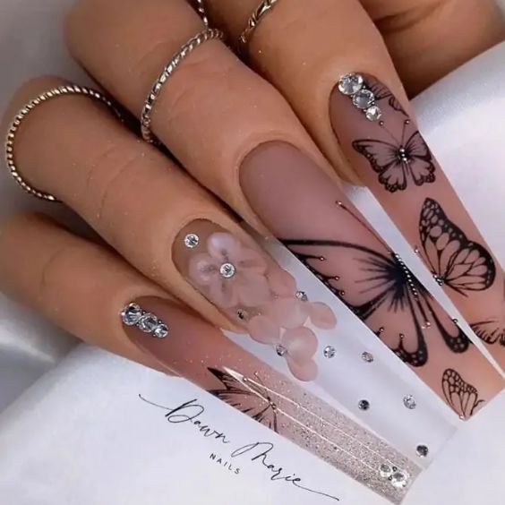 Diamond Nails With Butterfly Stickers