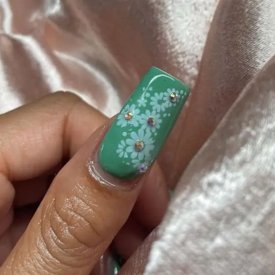 Forest Green Floral Nail Design