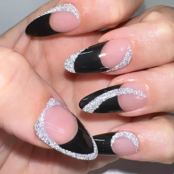 Glittery Black Abstract Nail design