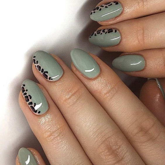 Leopard Print On Sage Green Nails