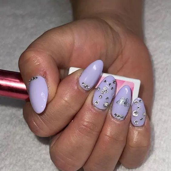 Lilac Nail Design With Diamonds