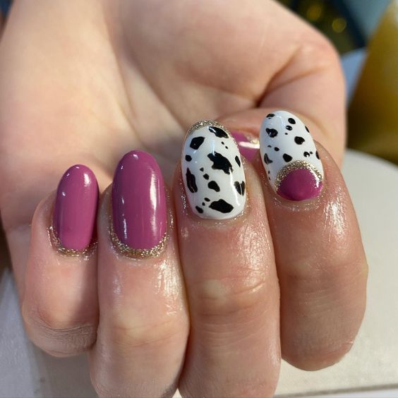 Magenta & Cow Print Nails