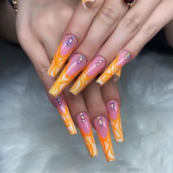 Marbled Orange Nails With Gems