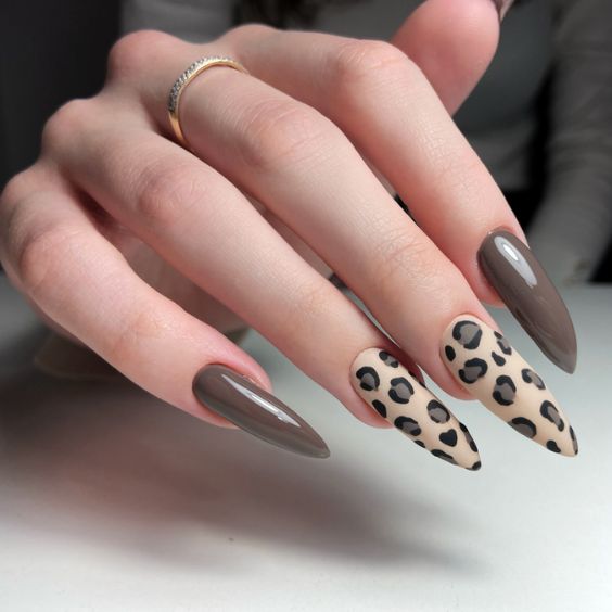 Matte Brown Cow Print Nails