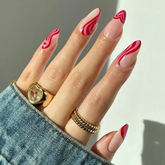 Pink & Red Swirl Nails