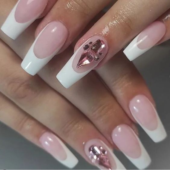 Pink and White French Diamond Nails