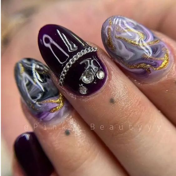 Purple Swirl Nails With Diamond