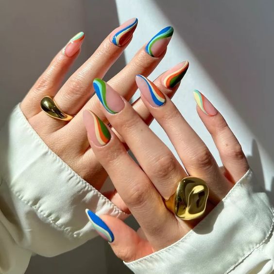 Rainbow Negative Space Swirl Nails