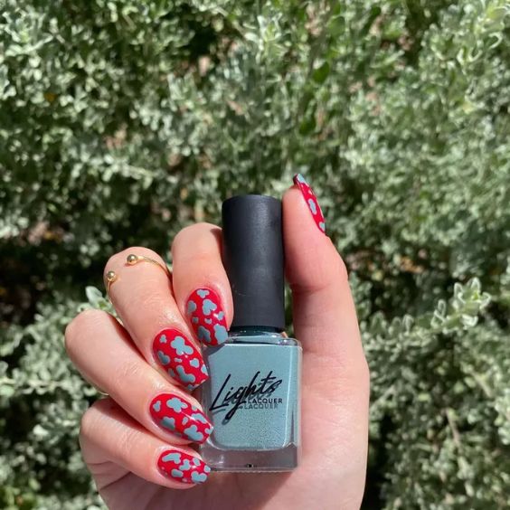 Red & Blue Cow Print Nails