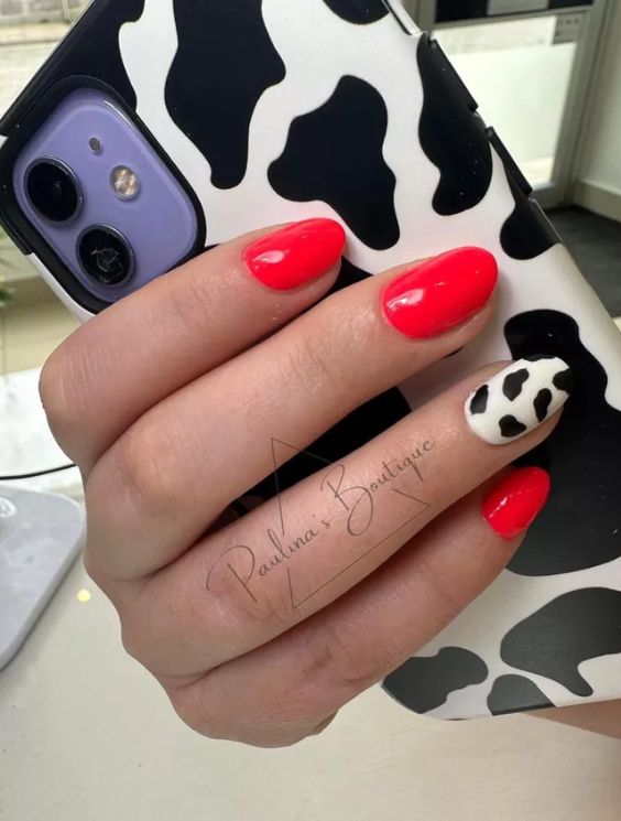 Red & Cow Print Nails