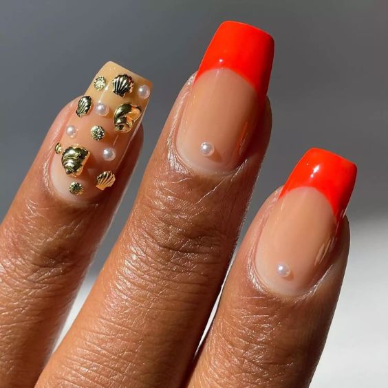  Red Nails With Seashells