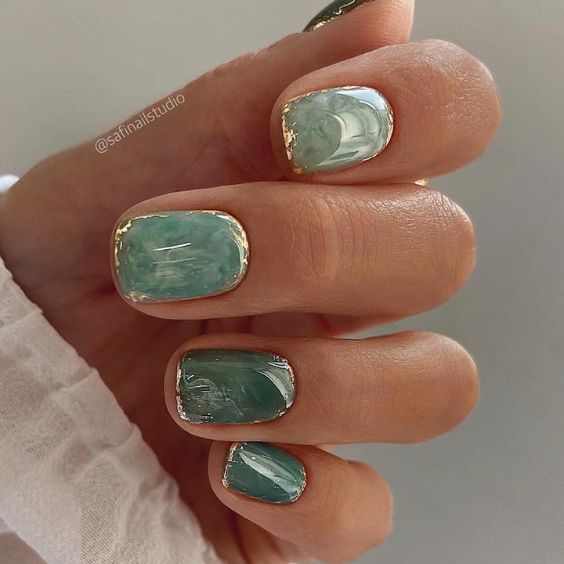 Sage Green Geode Nails With Gold Flakes