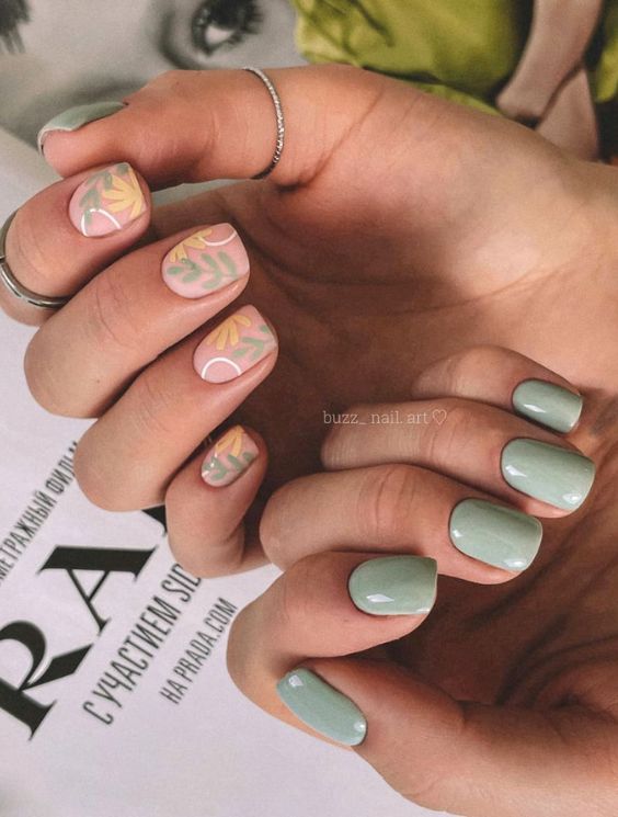 Sage Green Nails Leaf Art