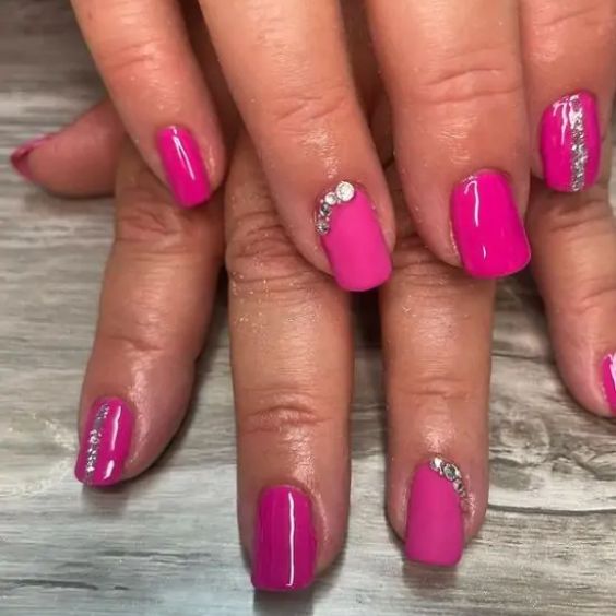 Short Hot Pink Nails With Diamonds