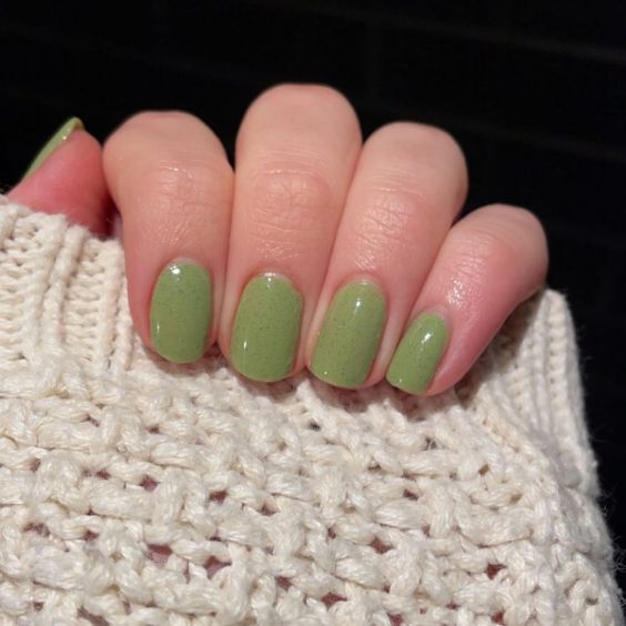 Short Sage Green Nails With Speckles