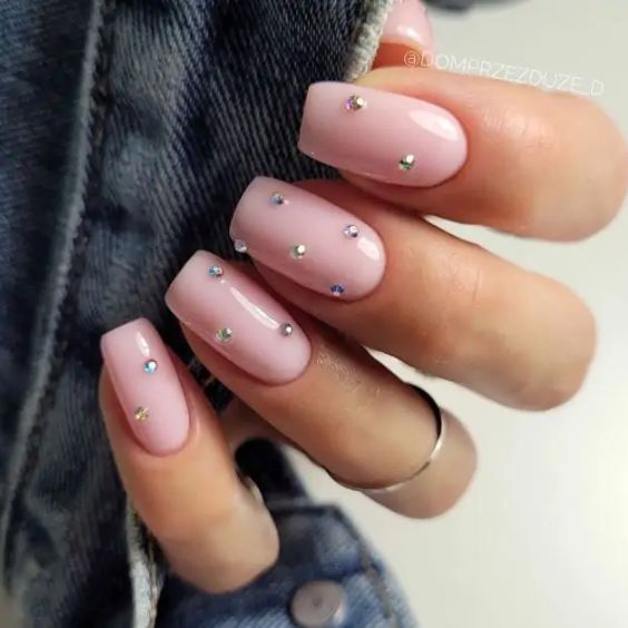 Subtle Pink Nails With Mini Diamonds