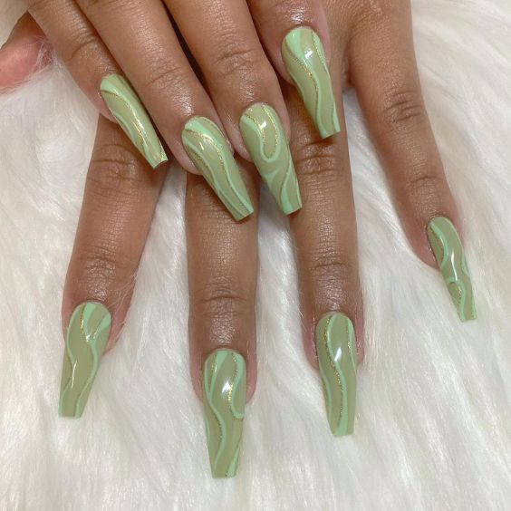 Swirly Sage Green Nails